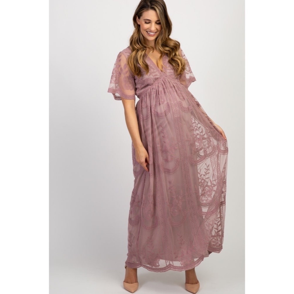 PinkBlush Mauve Lace Mesh Overlay Maternity Maxi Dress Size 1X NWT